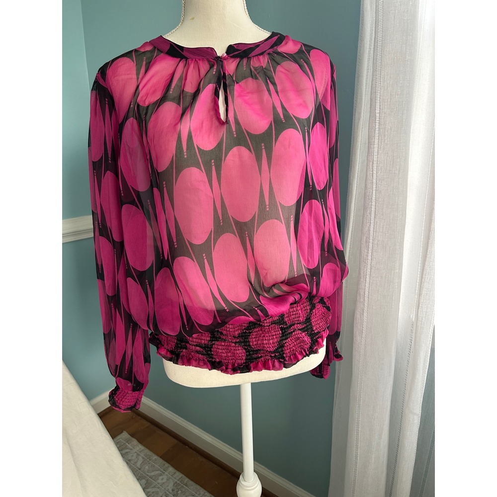 Madison Pink Black Abstract Print Sheer Blouse Smocked Waist Top Womens Large